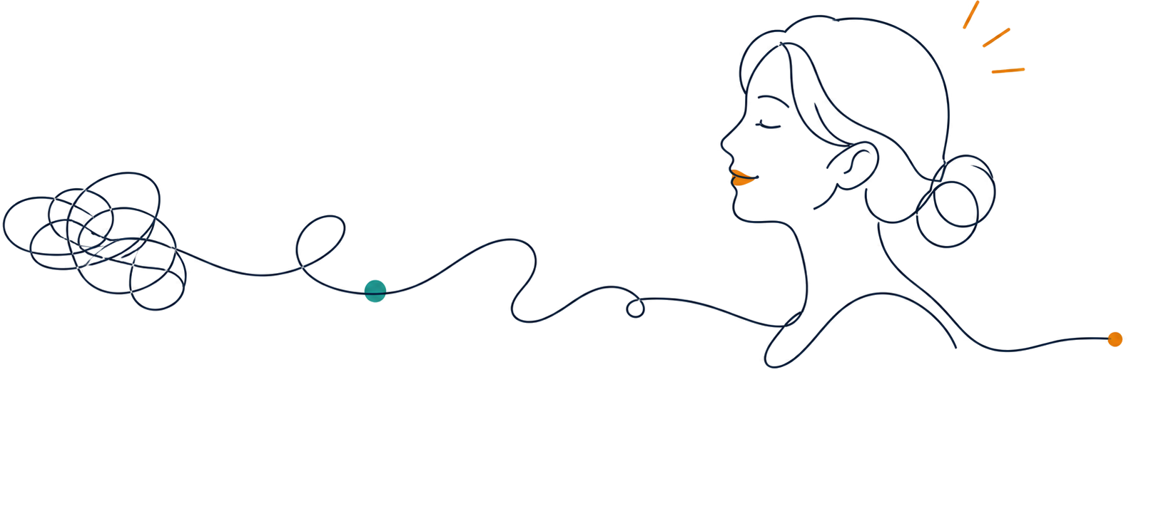 横顔の女性と、絡まった気持ちがほどけていく線のイラスト